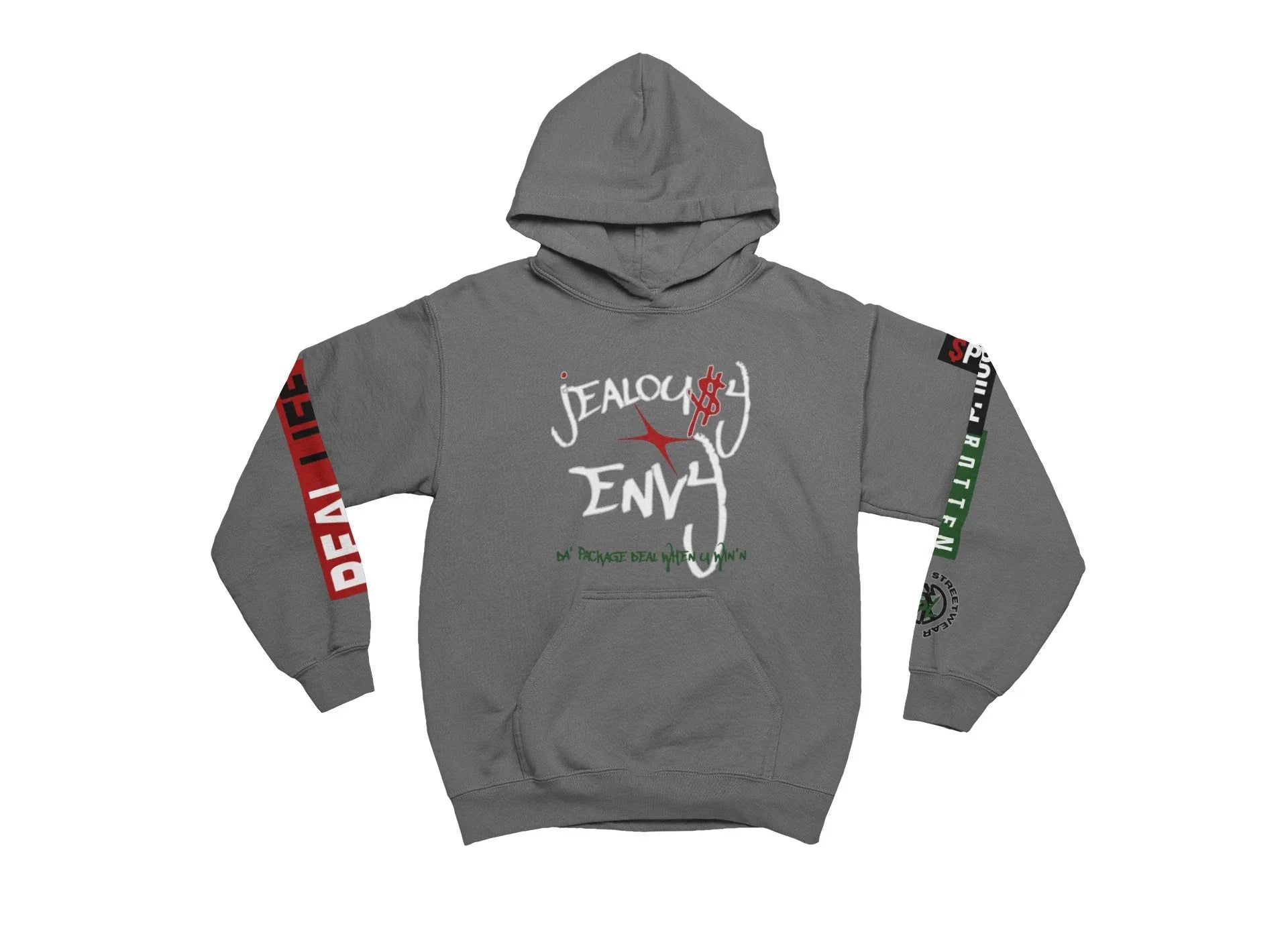 Charcoal hoodie with graphic designs on sleeves against a white background